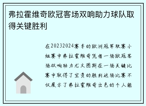 弗拉霍维奇欧冠客场双响助力球队取得关键胜利