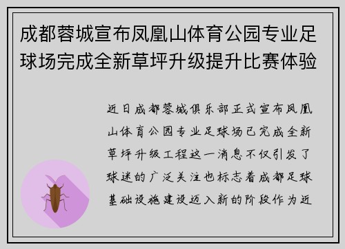 成都蓉城宣布凤凰山体育公园专业足球场完成全新草坪升级提升比赛体验